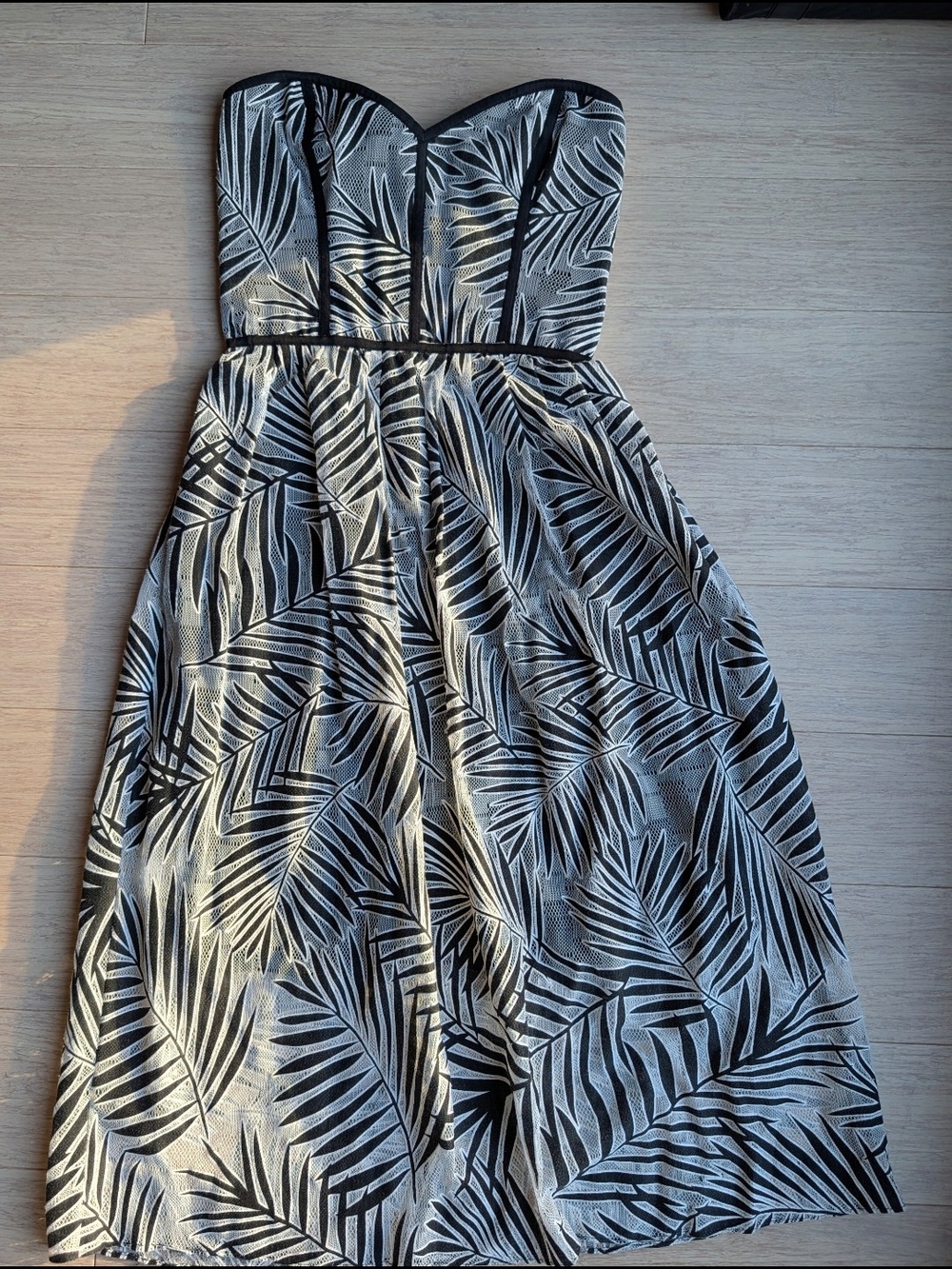 Parker Strapless Black and White Palm-Print Dress
